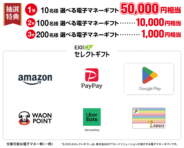 抽選特典、交換可能な電子マネー等（一例）