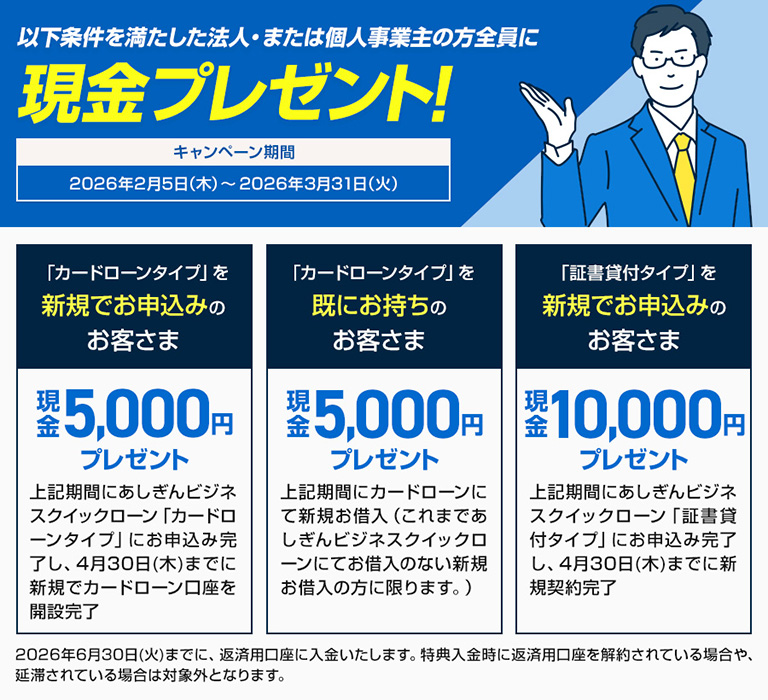 あしぎんビジネスクイックローン新規契約キャンペーン条件