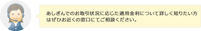 あしぎんでのお取引状況に応じた適用金利について詳しく知りたい方はぜひお近くの窓口にてご相談ください。
