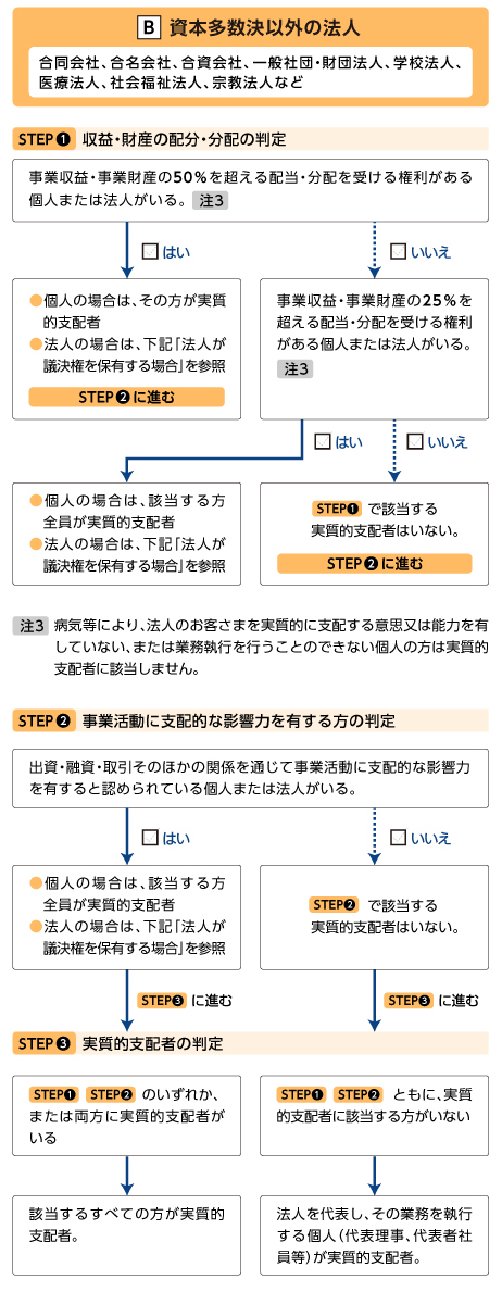 【B】(資本多数決以外の法人)合同会社、合名会社、合資会社、一般社団・財団法人、 学校法人、医療法人、社会福祉法人、宗教法人など 確認フロー図