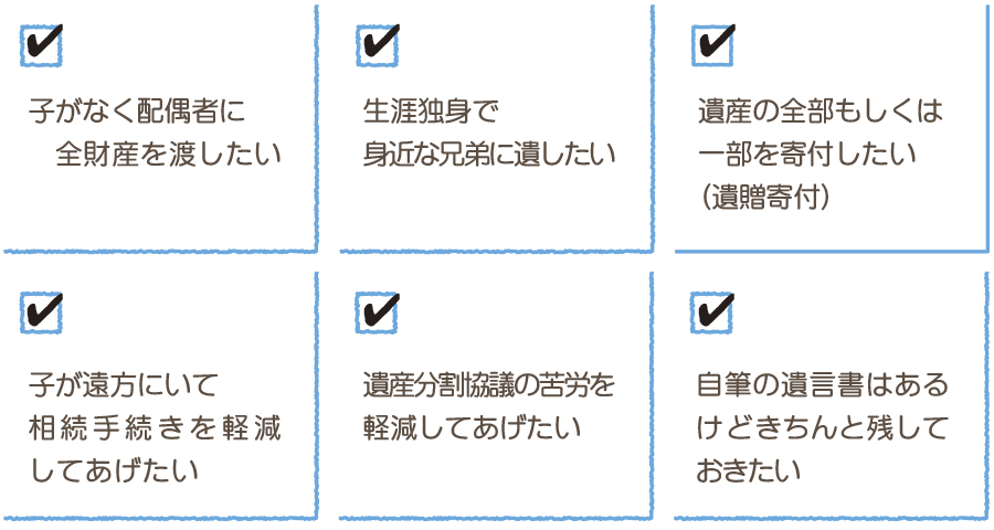 ・子がなく配偶者に全財産を渡したい　・生涯独身で身近な兄弟に遺したい　・遺産の一部を寄付したい（遺贈寄付）　・子が遠方にいて相続手続きを軽減してあげたい　・遺産分割協議の苦労を軽減したい　・自筆の遺言書はあるけどきちんと残しておきたい